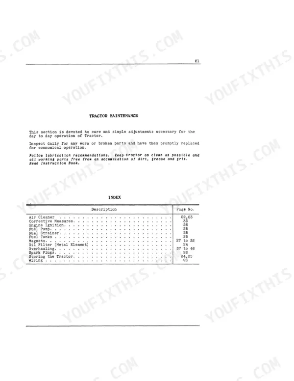 Case IH F12, F12 McCormick-Deering Farmall Tractor maintenance index page listing air cleaner, fuel system, and engine parts.