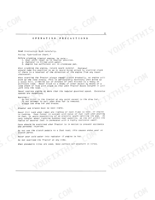 Case IH F12, F12 McCormick-Deering Farmall Tractor operating precautions and safety instructions for engine and operation.