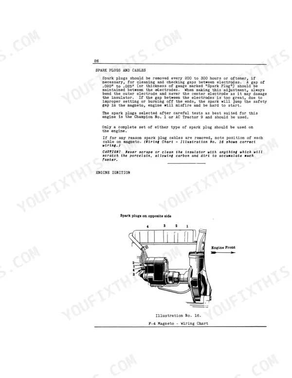 Case IH F12, F12 McCormick-Deering Farmall Tractor spark plug maintenance procedures and F-4 magneto wiring diagram.