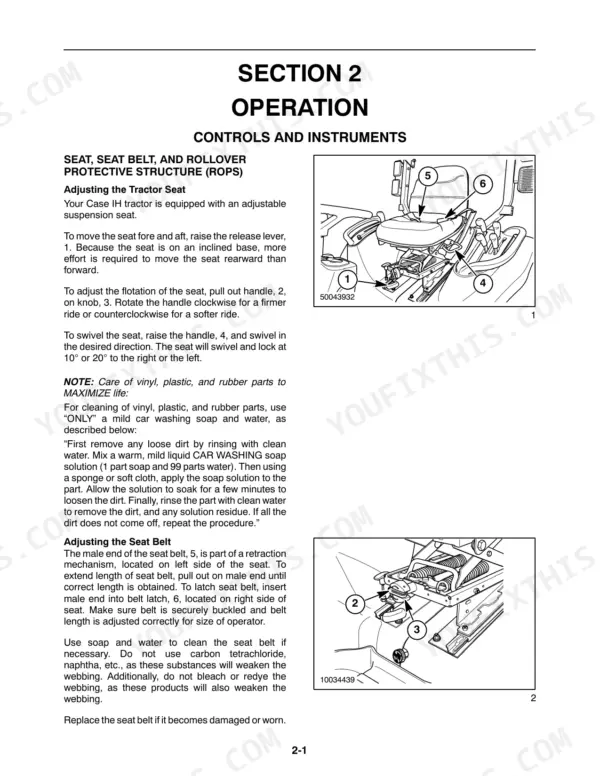 Case IH Farmall 31, Farmall 35 seat adjustment and seat belt operation procedures with component diagrams.