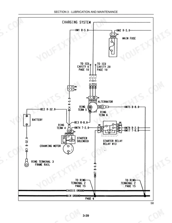 Case IH Farmall 31, Farmall 35 charging system wiring diagram showing battery, alternator, and starter relay.