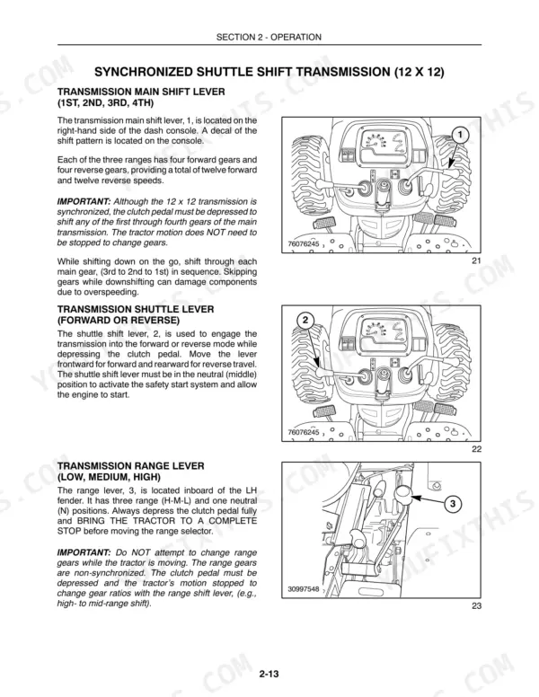 Case IH Farmall series: Synchronized shuttle shift transmission main, shuttle, and range lever operation diagrams.