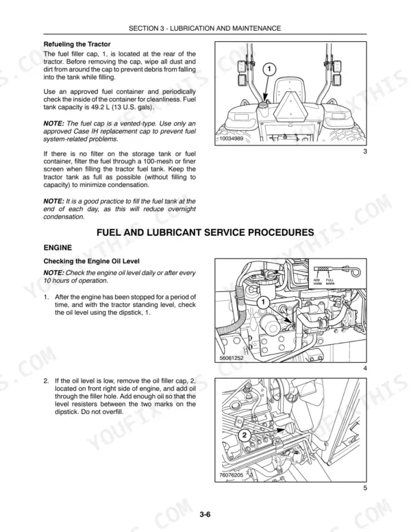 Case IH Farmall series procedures for refueling the tractor and checking engine oil level with dipstick diagrams.