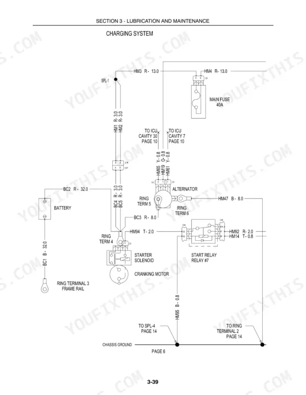 Case IH Farmall series charging system wiring diagram showing battery, alternator, and starter relay.