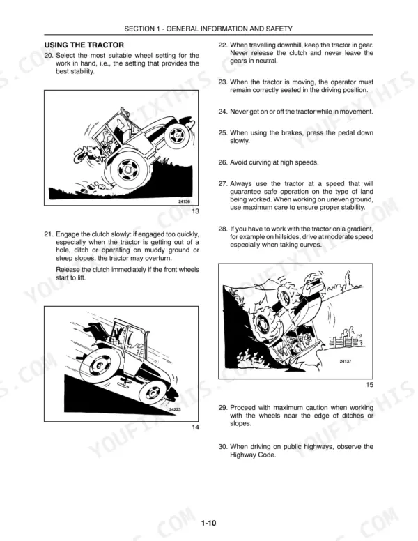 Case IH Farmall 65C-95C Tractors safety manual: illustrations and operating procedures for driving on slopes and hills.