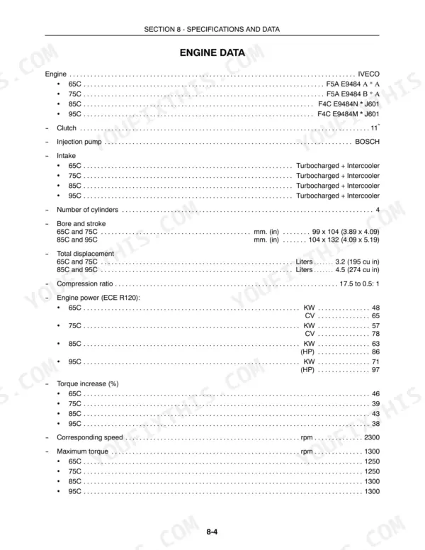 Case IH Farmall 65C, 75C, 85C, 95C Tractors engine data specifications table including bore, stroke, and power output.