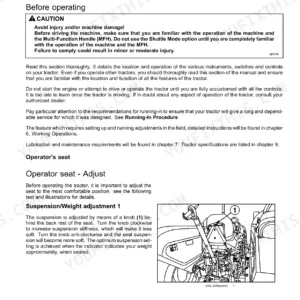 Case IH JX55T, JX75T operator manual page showing controls, instruments, and operator seat suspension adjustment diagram.