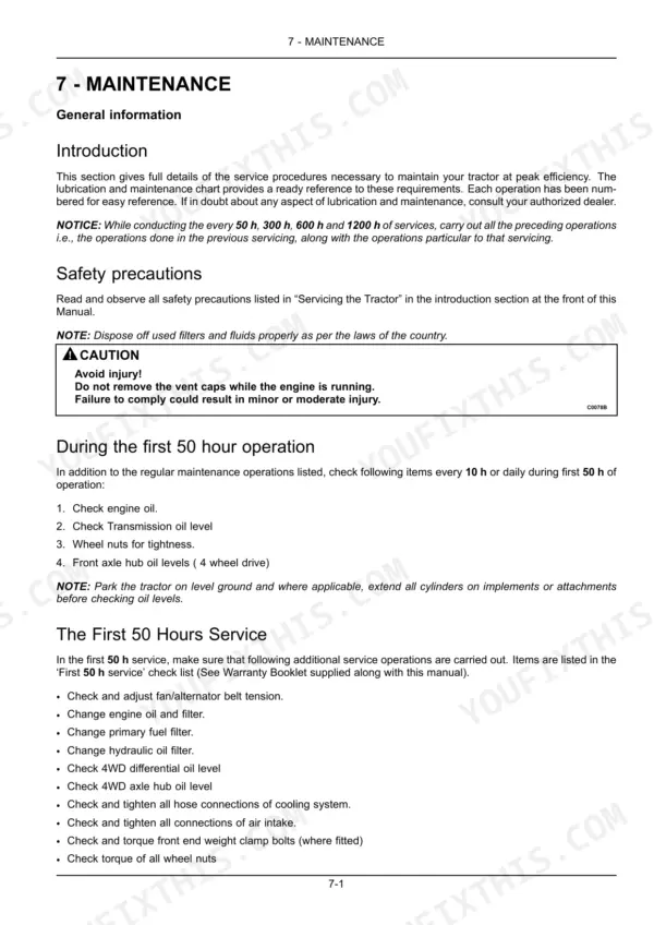 Case IH JX55T, JX75T maintenance manual page covering first 50-hour service procedures and safety precautions.