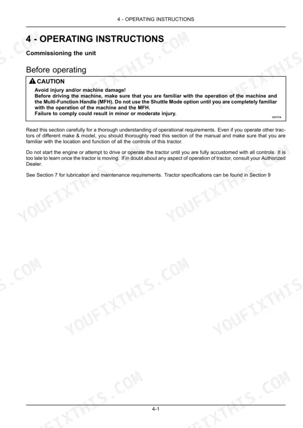 Case IH JX55T, JX75T operating instructions, commissioning, and pre-operation safety caution for Multi-Function Handle.