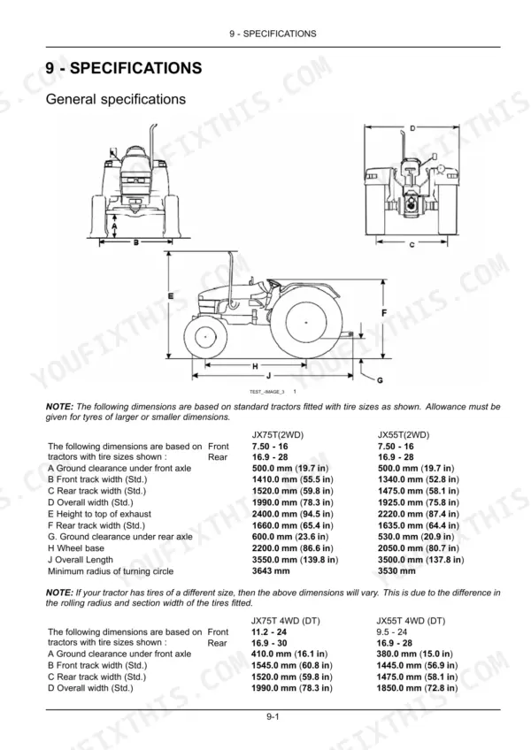Case IH JX55T, JX75T tractor general specifications table showing dimensions, wheel base, and turning circle radius.