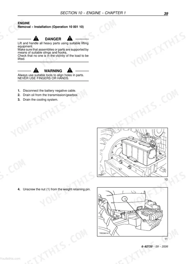 Case IH JX60, JX70, JX80, JX90, JX95 engine removal procedure, battery and weight retaining pin diagrams.