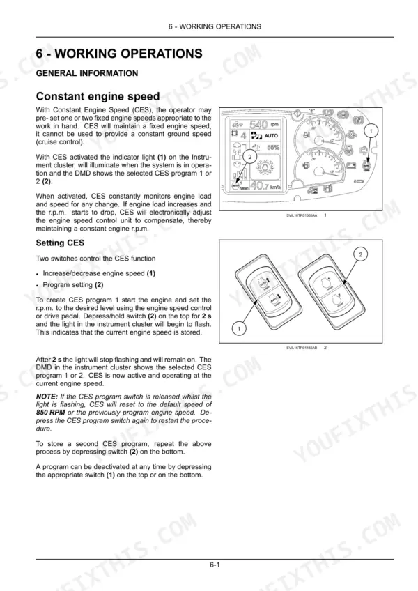 Case IH Luxxum 100, 110, 120 constant engine speed (CES) operation guide, instrument cluster display, and switch diagrams.