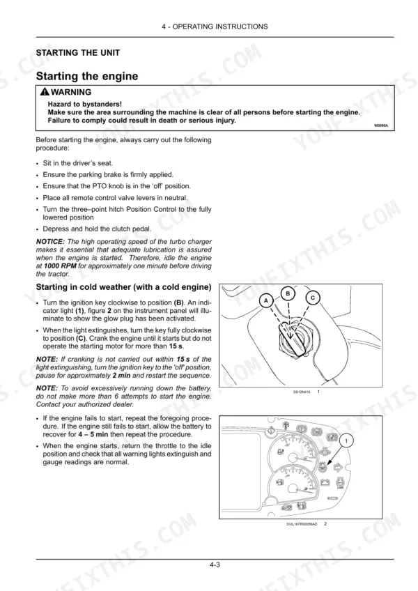 Case IH Luxxum 100, 110, 120 engine starting procedure, ignition switch positions, and instrument panel glow plug indicator.