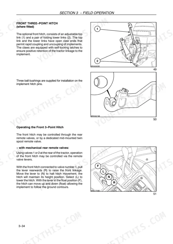 Case IH MAXXUM 100-140 X-LINE front three-point hitch operation, linkage diagrams, and remote valve control lever positions.