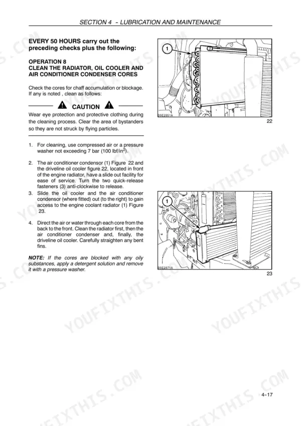 Case IH MAXXUM 100-140 X-LINE maintenance procedure for cleaning radiator, oil cooler, and AC condenser cores.