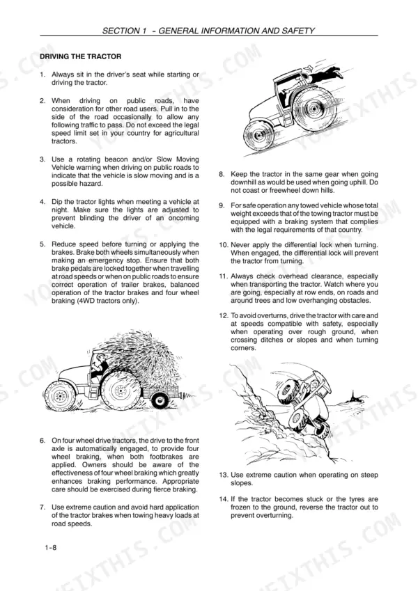 Case IH MAXXUM 100-140 X-LINE safety manual page detailing tractor driving procedures, road safety, and slope operation.