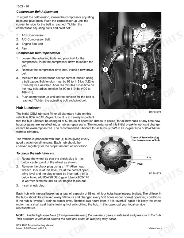 Case IH SPX 4260, SPX Series Patriot Sprayer compressor belt adjustment, replacement, and hub lubricant check procedures.