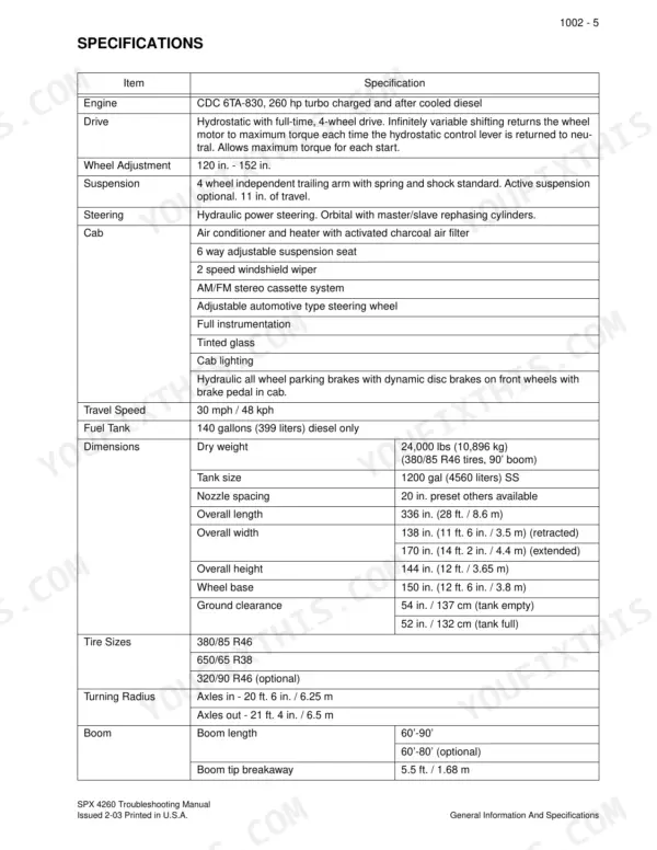 Case IH SPX 4260, SPX Series Patriot Sprayer specifications table covering engine, dimensions, and boom details.