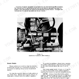 Case IH W-9, WR-9 tractor controls diagram showing gearshift, pedals, switches, and brake pedal latch operation instructions.