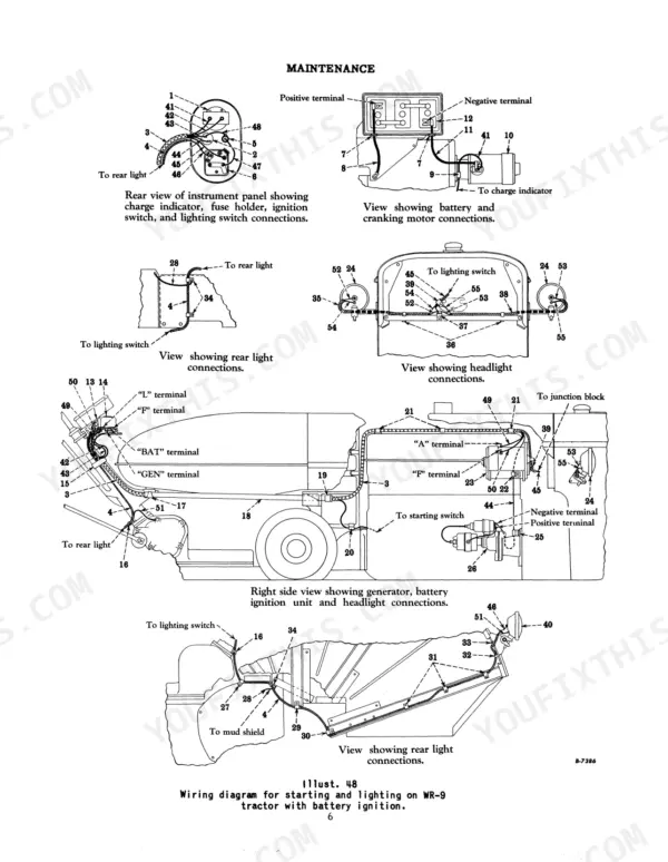 Case IH W9, WR9, W-9, WR-9 wiring diagram for tractor starting, battery ignition, and lighting system connections.
