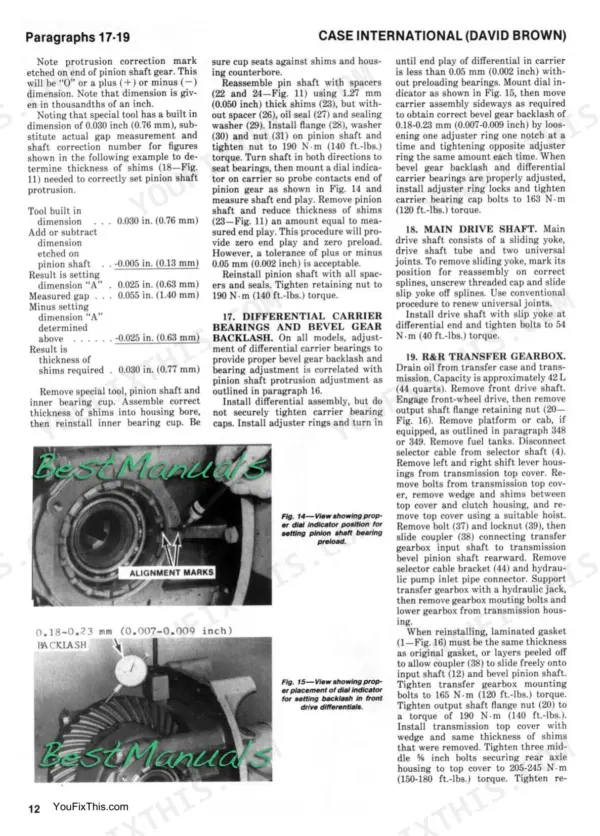 Case International 1190-1690 manual: pinion shaft, differential carrier, bevel gear adjustment, and transfer gearbox removal procedures.
