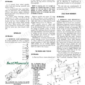 Case International 1190-1690 front axle and spindle exploded view diagrams, wheel bearing adjustment, and removal procedures.