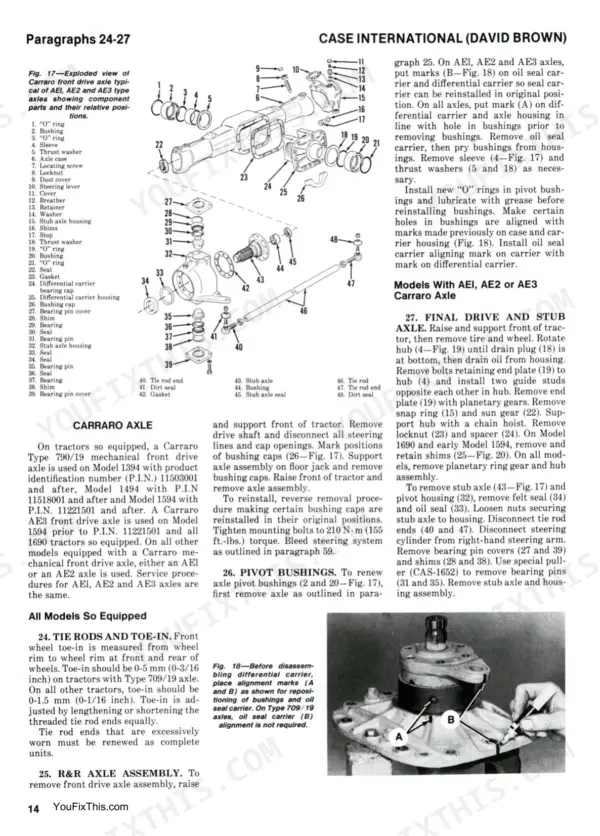 Case International 1190-1690 exploded view of Carraro front drive axle, pivot bushings, and final drive removal procedures.