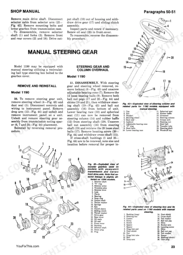 Case International 1190, 1194, 1290, 1294, 1390, 1394, 1490, 1494, 1594, 1690 manual steering gear and transfer gearbox diagrams