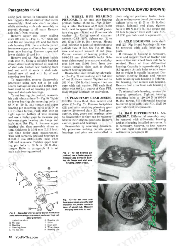 Case International 1190-1690 manual: wheel hub bearing preload, planetary gear, and axle housing service procedures and diagrams.