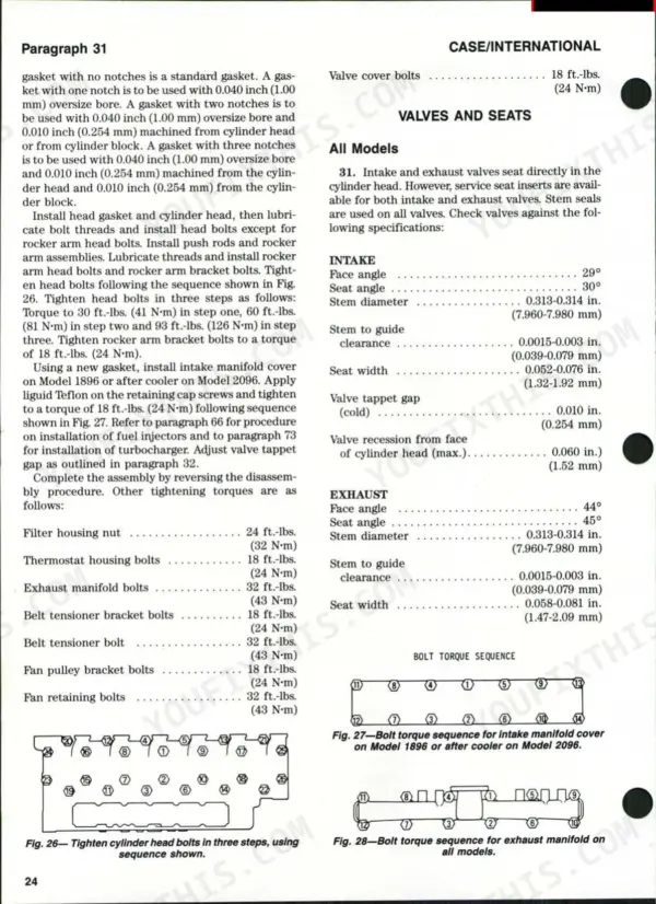 Case/international 1896, 2096 cylinder head torque specs, valve clearance data, and bolt tightening sequence diagrams.