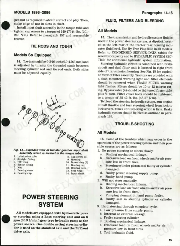 Case/international 1896, 2096 manual: transfer gearbox exploded view, tie rod adjustment, and power steering troubleshooting.