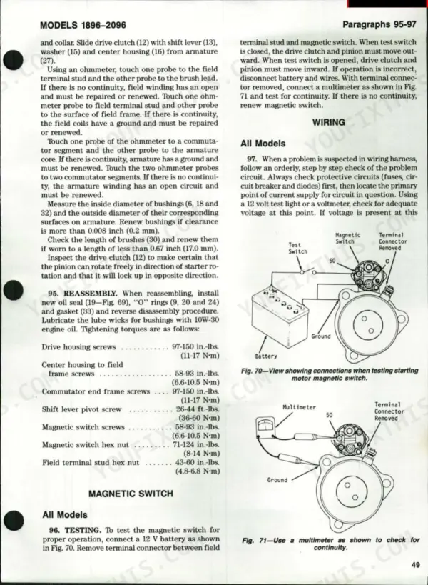 Case/international 1896, 2096 starter motor testing procedures, magnetic switch wiring diagrams, and torque specifications.