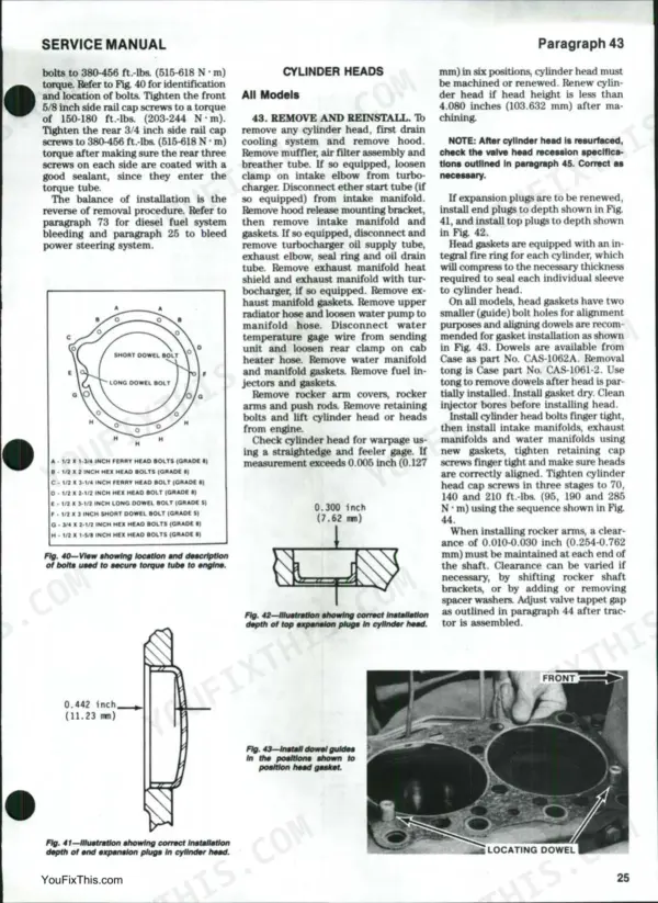 Case/international 2090, 2290, 2390, 2590, 2094, 2294, 2394, 2594 cylinder head removal, installation, and bolt diagrams.