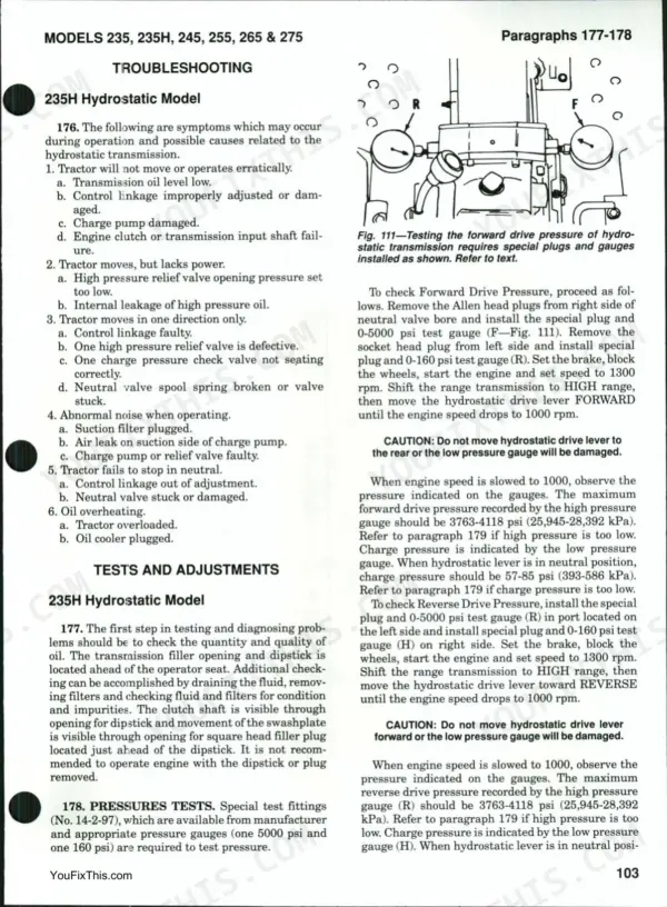 Case/international 235, 235H, 245, 255, 265, 275 hydrostatic transmission troubleshooting and pressure test guide