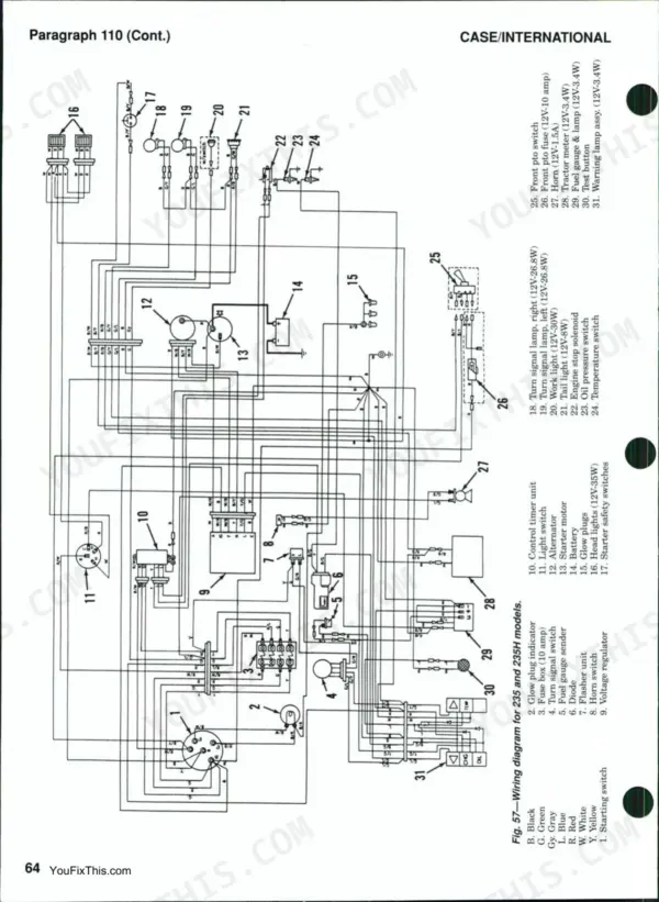 Case/international 235, 235H, 245, 255, 265, 275 wiring diagram showing electrical components, fuses, and switches.