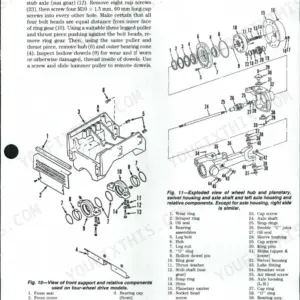 Case/international 385, 485, 585, 685, 885 exploded view of front support, wheel hub, planetary, and axle housing components.