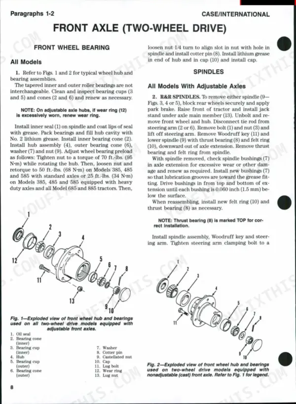 Case/international 385, 485, 585, 685, 885 front wheel bearing and spindle removal and installation procedures.