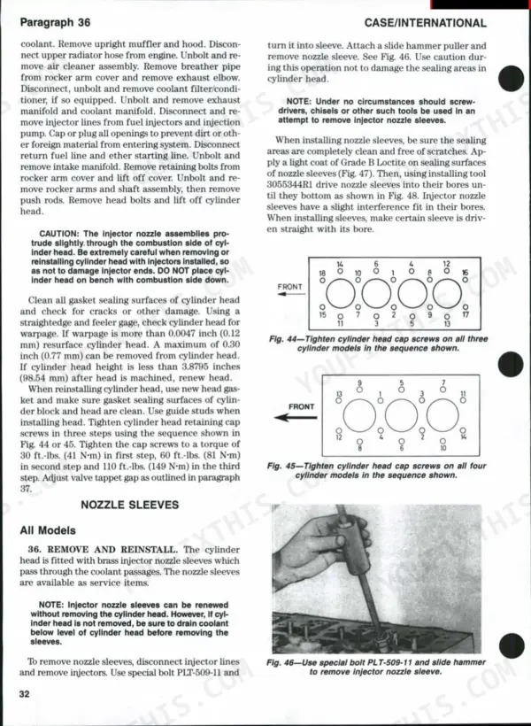 Case/international 385, 485, 585, 685, 885 cylinder head removal, nozzle sleeve replacement, and torque sequence diagrams.