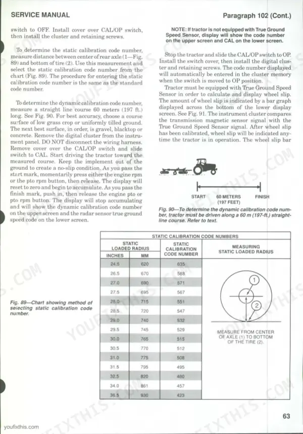 Case/international 5120, 5130, 5140 calibration procedures for static and dynamic code numbers with tire radius chart.