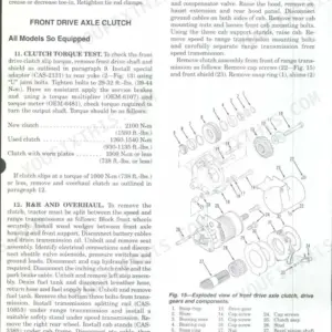 Case/international 5120, 5130, 5140 front drive axle clutch torque test, R&R procedures, and exploded view diagram.
