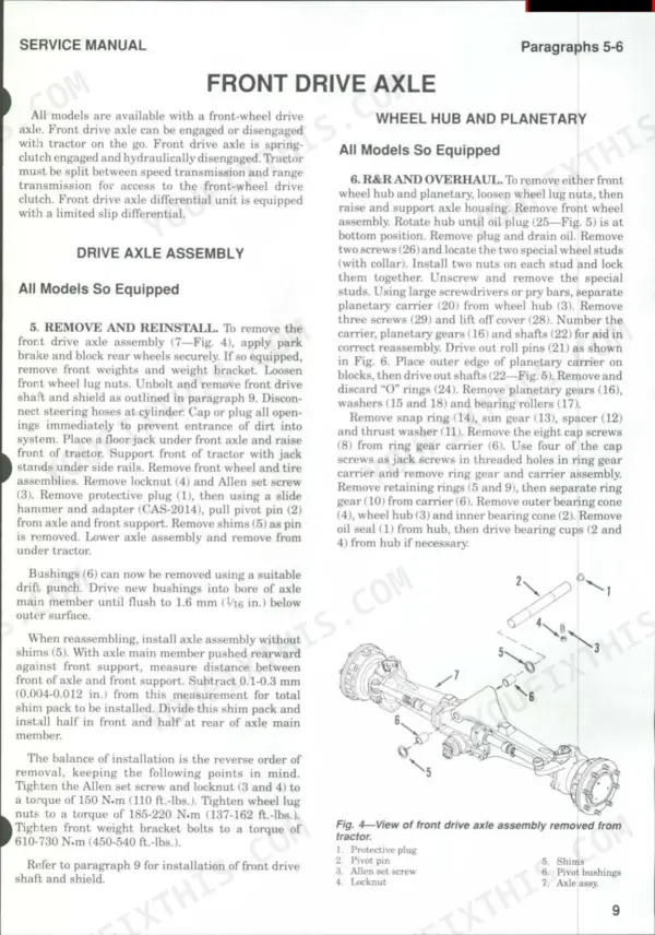 Case/international 5120, 5130, 5140 front drive axle assembly removal, installation, and planetary overhaul procedures.