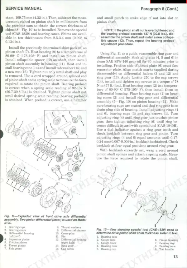 Case/international 5120, 5130, 5140 front axle differential assembly procedures, exploded views, and shim adjustment.
