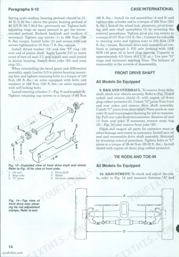 Case/international 5120, 5130, 5140 front drive shaft overhaul, torque specs, and tie rod toe-in adjustment procedures.