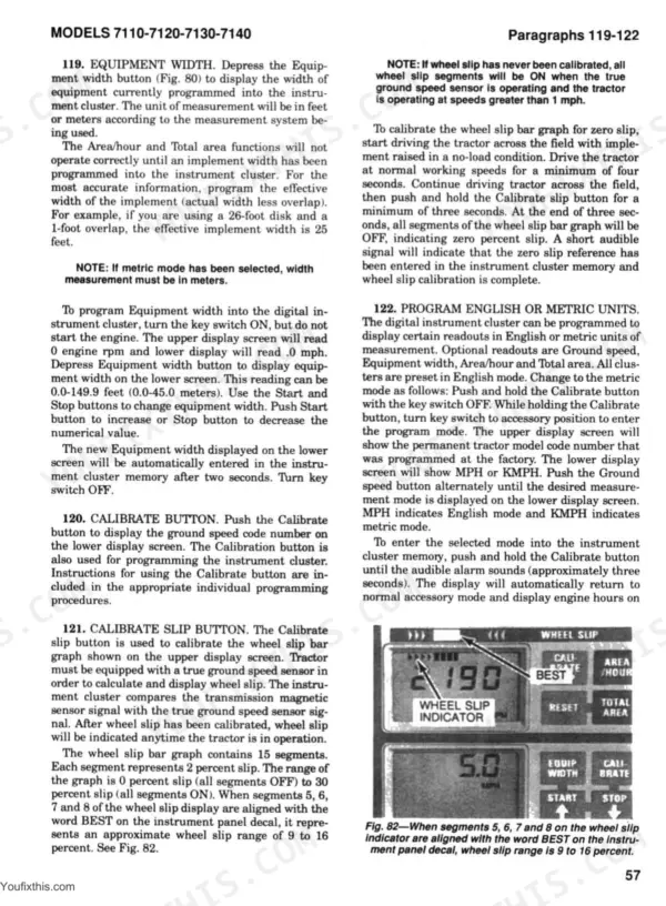 Case/International 7110, 7120, 7130, 7140 manual page 57: procedures for equipment width, wheel slip calibration, and units.