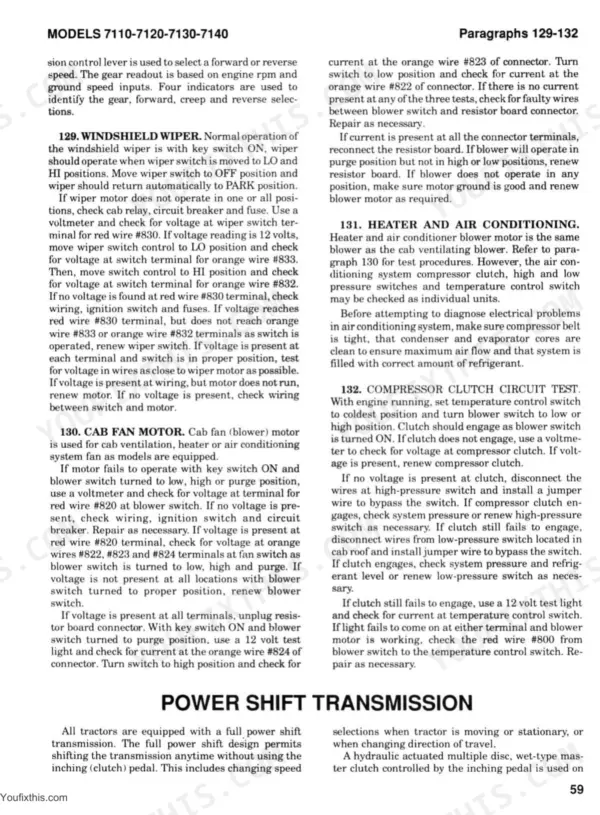 Case/International 7110, 7120, 7130, 7140 troubleshooting procedures for windshield wiper, cab fan, and AC compressor clutch.