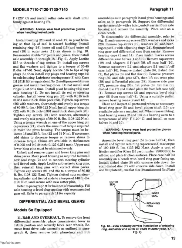 Case/International 7110, 7120, 7130, 7140 front axle differential overhaul procedures, torque specs, and outer yoke seal diagram.