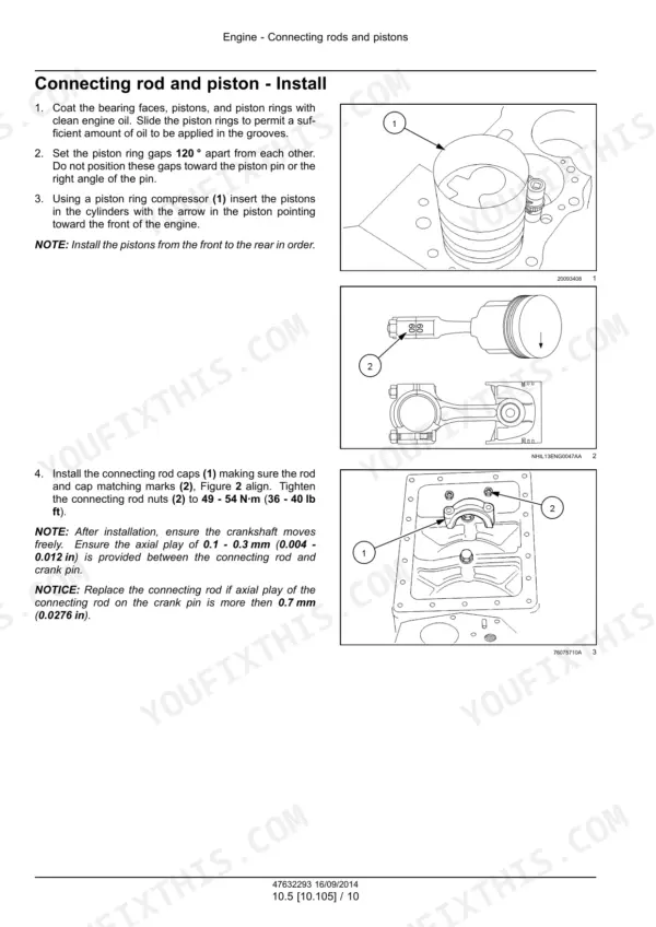 Case ISM Tier 4 Engine, N4LDI-TA-45SL, N844LT-F-45SL: Connecting rod and piston installation procedure and torque specs.