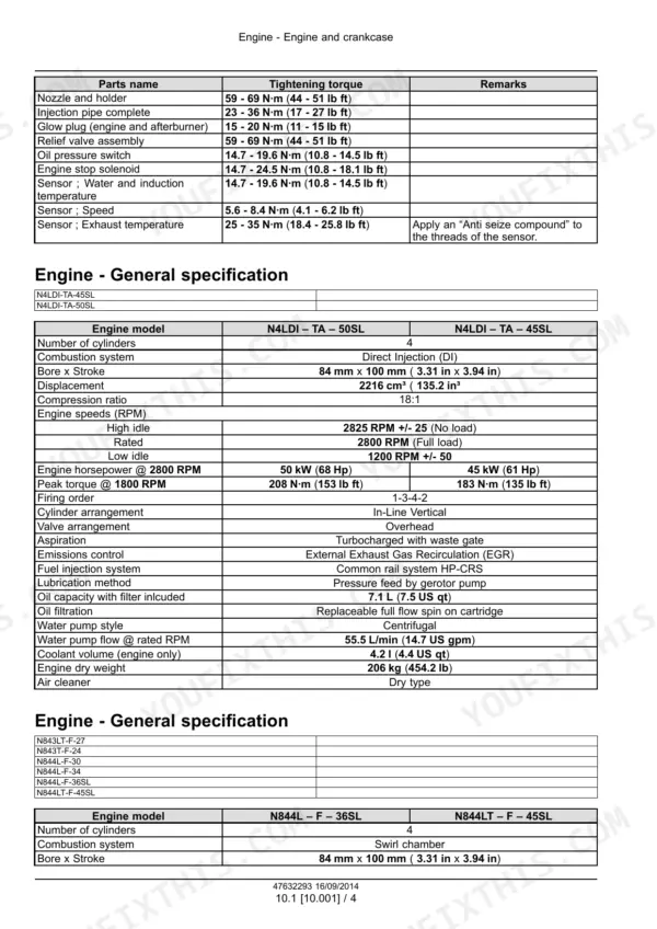 Case ISM Tier 4 Engine torque specs and general engine specifications table for N4LDI-TA-45SL, N4LDI-TA-50SL, N844L-F-36SL, N844LT-F-45SL models.