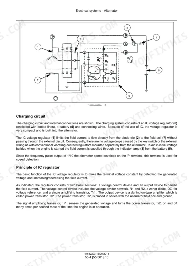 Case ISM Tier 4 Engine, N4LDI-TA-45SL, N844LT-F-45SL: Alternator charging circuit schematic and IC regulator operation.