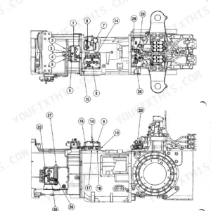Case MX12-MX270 transmission system components diagram showing valve and solenoid locations with numbered callouts.
